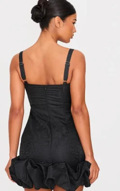 Black Jacquard Puff Ball Hem Mini Dress