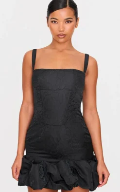 Black Jacquard Puff Ball Hem Mini Dress