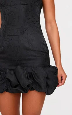 Black Jacquard Puff Ball Hem Mini Dress