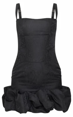 Black Jacquard Puff Ball Hem Mini Dress
