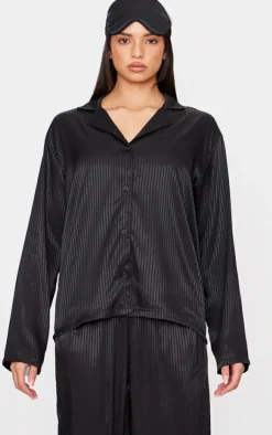Black Jacquard Stripe Satin Long Pj Set