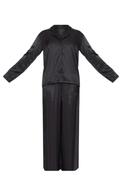 Black Jacquard Stripe Satin Long Pj Set