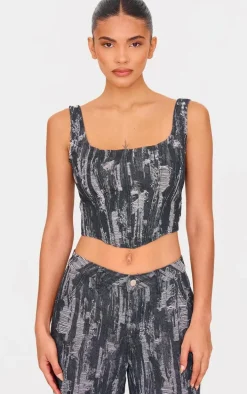 Black Jacquard Style Denim Corset Top