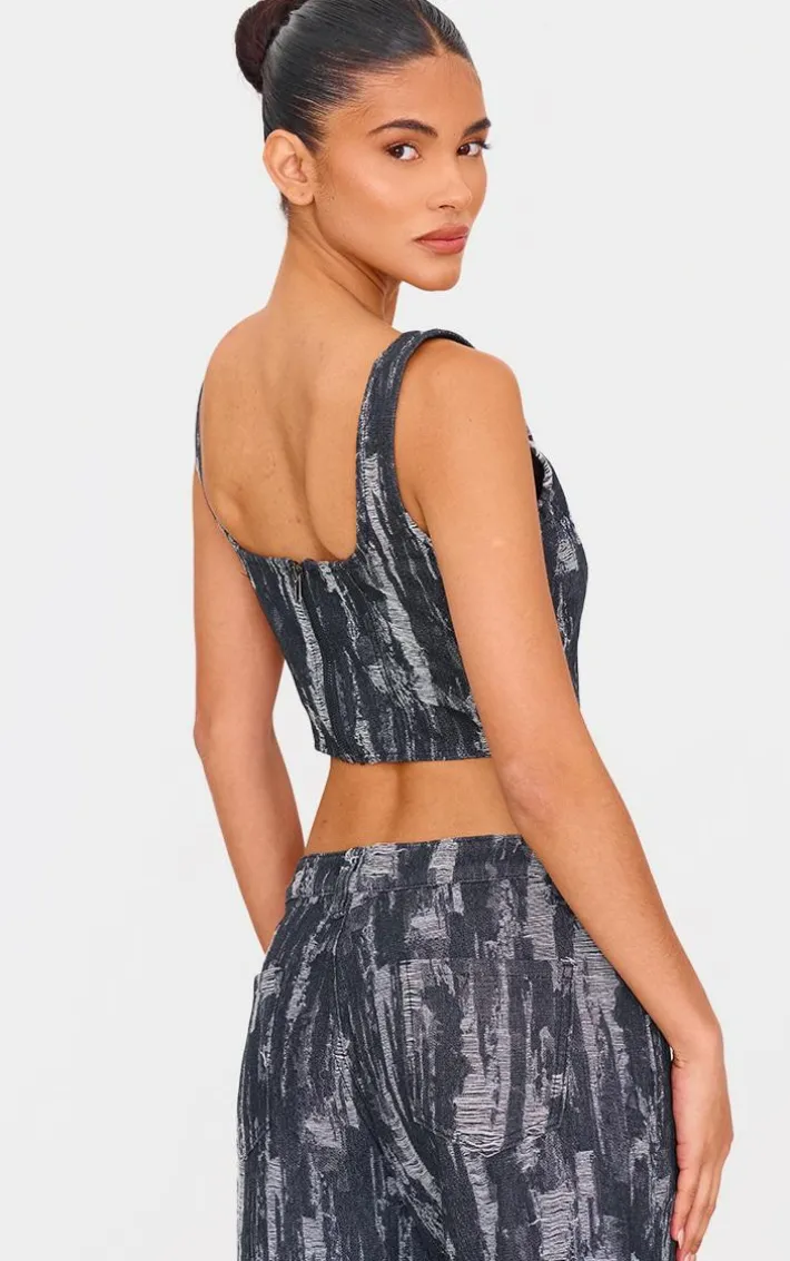 Black Jacquard Style Denim Corset Top