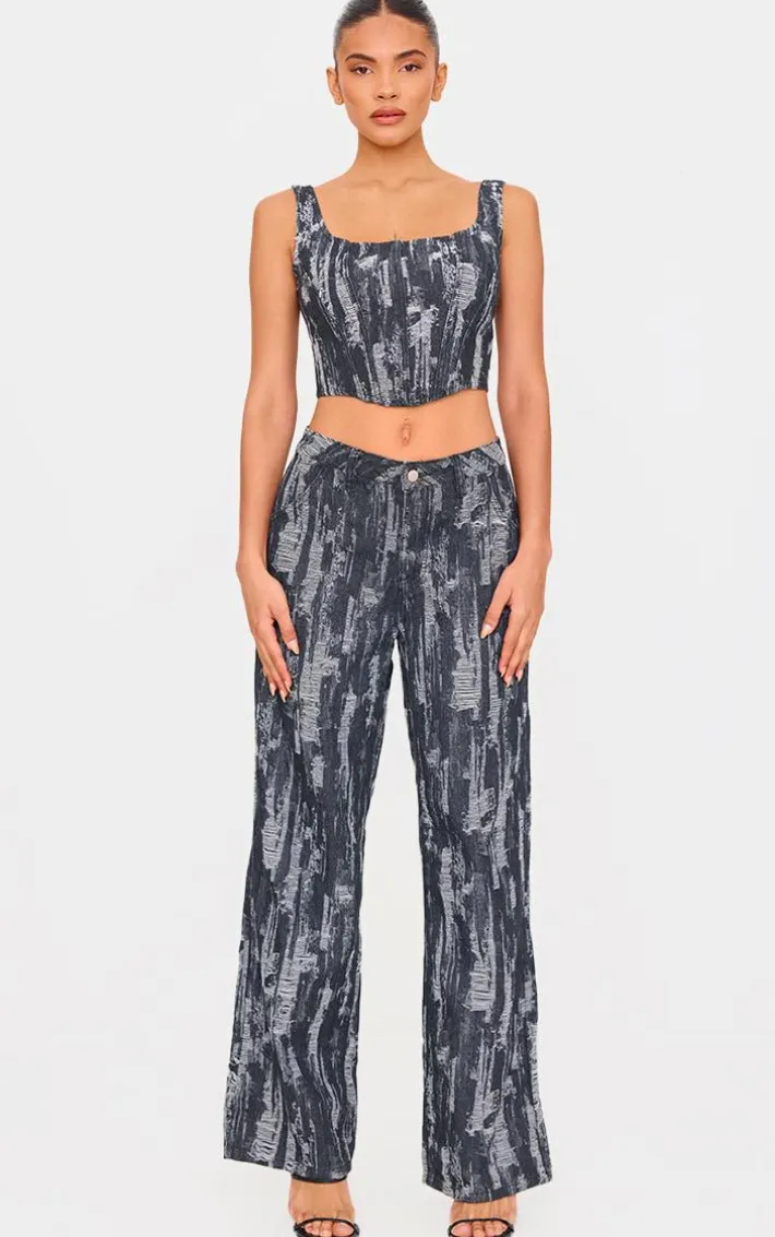 Black Jacquard Style Denim Corset Top