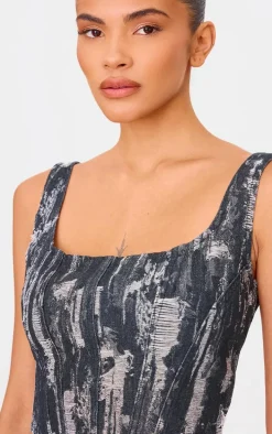 Black Jacquard Style Denim Corset Top