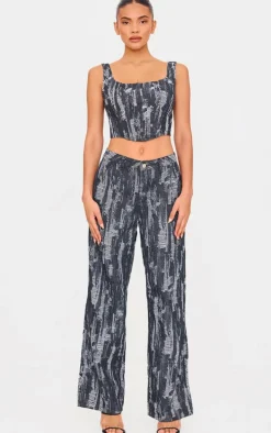 Black Jacquard Style Wide Leg Jeans