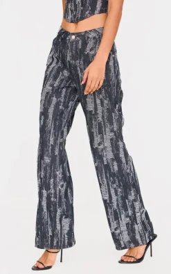 Black Jacquard Style Wide Leg Jeans