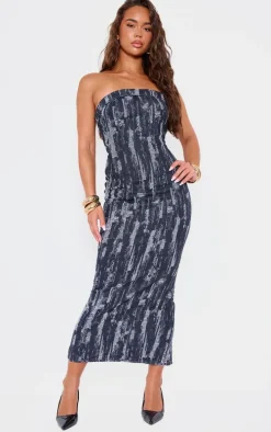 Black Jaquard Style Strapless Denim Maxi Dress