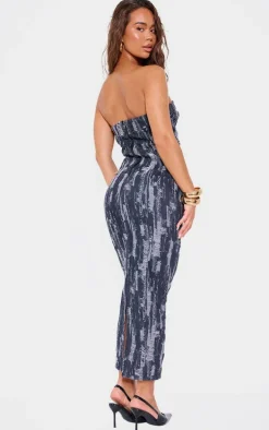 Black Jaquard Style Strapless Denim Maxi Dress