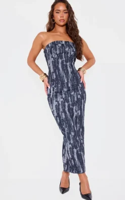 Black Jaquard Style Strapless Denim Maxi Dress