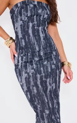 Black Jaquard Style Strapless Denim Maxi Dress