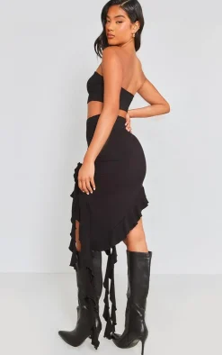 Black Jersey Bandeau Crop Top & Skirt Set