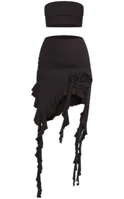 Black Jersey Bandeau Crop Top & Skirt Set