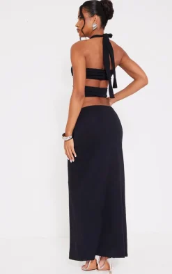 Black Jersey Halterneck Knot Front Cut Out Maxi Dress