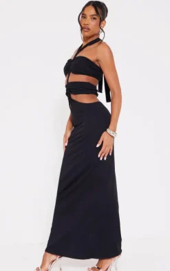 Black Jersey Halterneck Knot Front Cut Out Maxi Dress