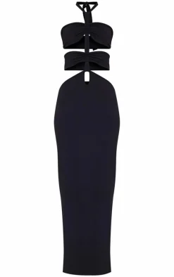 Black Jersey Halterneck Knot Front Cut Out Maxi Dress