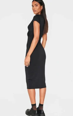 Black Jersey Knot Cut Out Cap Sleeve Midaxi Dress