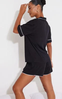 Black Jersey Piping Detail Short PJ Set