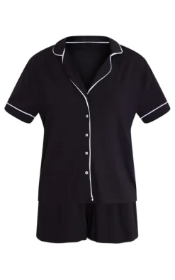 Black Jersey Piping Detail Short PJ Set