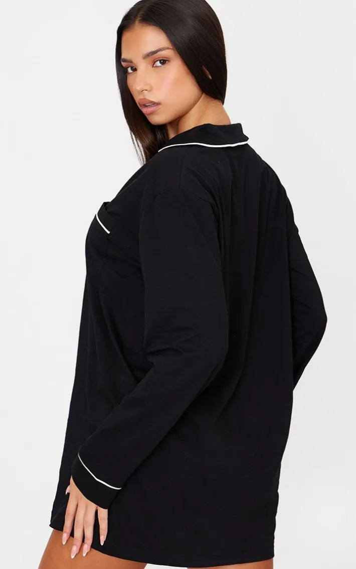 Black Jersey Piping Detail Long Sleeve Nightdress