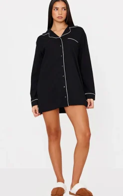Black Jersey Piping Detail Long Sleeve Nightdress