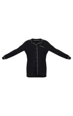 Black Jersey Piping Detail Long Sleeve Nightdress