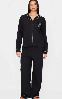 Black Jersey Piping Embroidered Bow Long Pj Set
