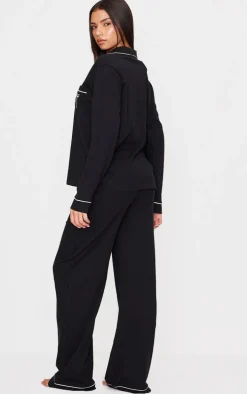 Black Jersey Piping Embroidered Bow Long Pj Set