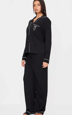 Black Jersey Piping Embroidered Bow Long Pj Set