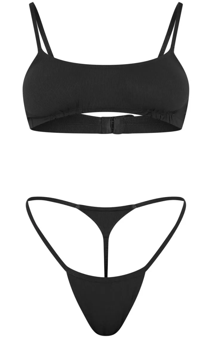 Black Jersey Ribbed Lingerie Set