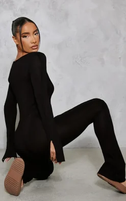 Black Jersey Seam Detail Split Sleeve Jumpsuit