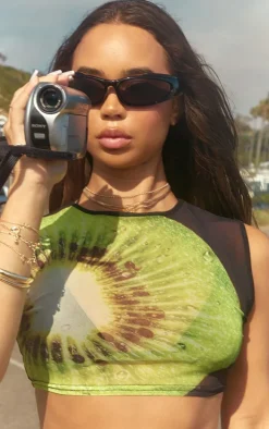 Black Kiwi Fruit Printed Mesh Sleeveless Crop Top