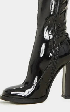 Black Knee High Block Heel Sock Boot