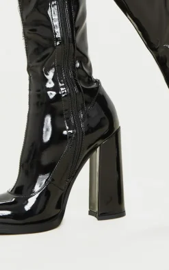 Black Knee High Block Heel Sock Boot