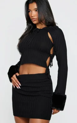 Black Knit Lace Up Crop Top & Mini Skirt & Faux Fur Sleeves
