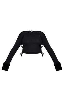 Black Knit Lace Up Crop Top & Mini Skirt & Faux Fur Sleeves