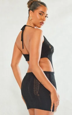 Black Knitted Crochet Extreme Cut Out Mini Dress