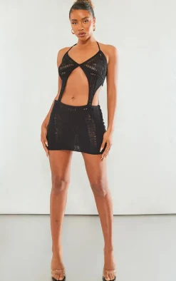 Black Knitted Crochet Extreme Cut Out Mini Dress