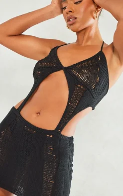 Black Knitted Crochet Extreme Cut Out Mini Dress