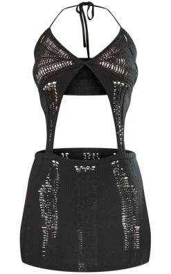 Black Knitted Crochet Extreme Cut Out Mini Dress