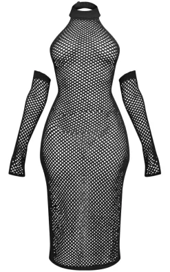 Black Knitted Cut Out Midaxi Dress With Sleeves