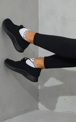 Black Knitted Lace Up Sports Sneakers