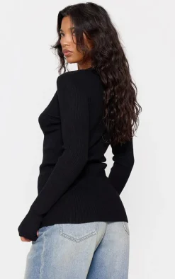 Black Knitted Ribbed Long Sleeve Cardigan