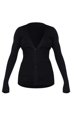 Black Knitted Ribbed Long Sleeve Cardigan
