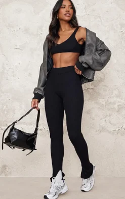 Black Knitted Split Hem Flare Pants