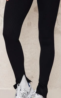 Black Knitted Split Hem Flare Pants
