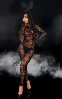 Black Lace All In One Gloves Body Stocking