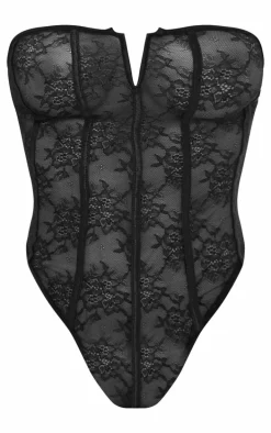 Black Lace Bandeau Boned Lingerie Bodysuit