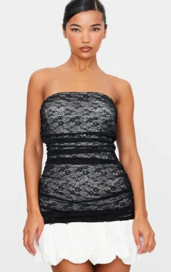 Black Lace Bandeau Puff Hem Mini Dress